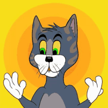 tom from tom and jerry is a cartoon cat with green eyes and a yellow background .