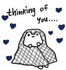 a drawing of a penguin wrapped in a plaid blanket with the words " thinking of you " above it