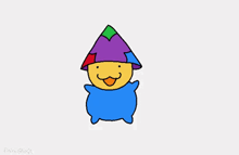 a drawing of a mushroom wearing a rainbow hat and a blue jacket