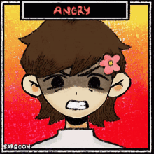 a drawing of a girl with a flower in her hair with the word angry above her