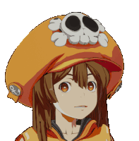 a cartoon girl wearing an orange hat with a skull and crossbones on it