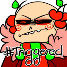 a cartoon drawing of a skeleton with hearts on his head and the word triggered below him