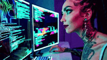 a woman is looking at a computer screen with a lot of code on it .