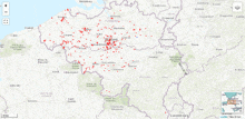 a map of belgium shows a lot of red dots on it