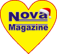 a yellow heart with the words nova magazine and a santa hat