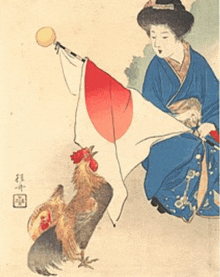 a painting of a woman and a rooster with chinese writing