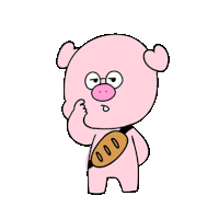 a cartoon pig with glasses and a bread bag around its waist is thinking .