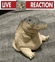 a statue of a crocodile sits on a couch with a live reaction sign above it