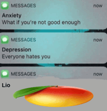 a mango with a green leaf on top of it next to a bunch of text messages