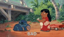 lilo and stitch from disney 's lilo and stitch are standing next to each other with the word bad above them