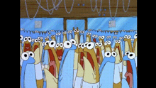 a bunch of cartoon characters with big eyes are standing in a line