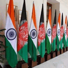 a row of flags from india and afghanistan are lined up on stands in a room .