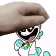 a hand is touching a cartoon character 's face .