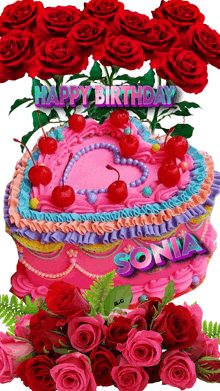 a pink heart shaped cake with cherries and the name sonia