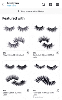 a screenshot of the luxebymia app showing a variety of lashes .