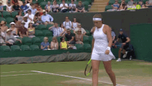 a woman in a white dress is holding a tennis racquet on a tennis court in front of a crowd