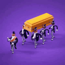 a group of men are carrying a coffin on a purple surface .