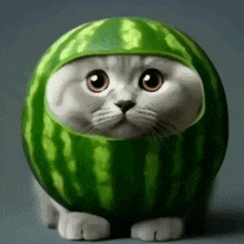 a white cat is wearing a watermelon hat