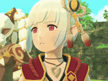 a girl with white hair and red eyes is wearing a red and gold outfit