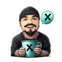 a cartoon of a man holding a cup with a cross on it