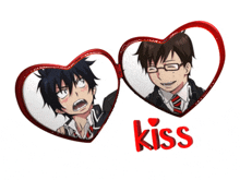 two hearts with a picture of a boy and the word kiss