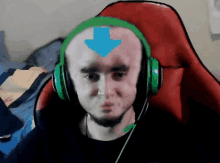 a man wearing headphones has a blue arrow on his head