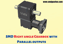 smd right angle gearbox with parallel outputs is shown on a yellow background