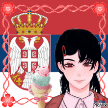 a girl holding an ice cream cone in front of a flag with the number 3