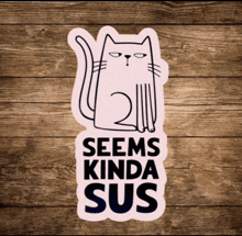 a sticker with a cat and the words seems kinda sus on it