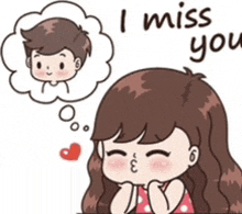 a girl is thinking about a boy in a thought bubble and says `` i miss you '' .