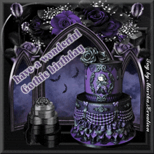 a gothic birthday card with a purple cake and roses