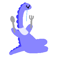 a cartoon dinosaur is holding a spoon and fork