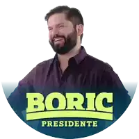 a man with a beard is smiling in front of a boric presidente logo