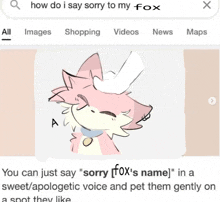 a drawing of a pink and white fox with the words " how do i say sorry to my fox " at the top