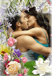 a picture of a man and woman kissing surrounded by flowers with the word beauty at the bottom