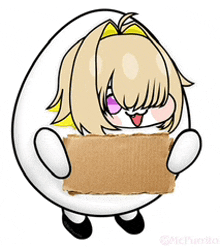 a drawing of a girl in an egg holding a cardboard sign