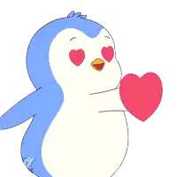 a penguin with hearts in its eyes holds a heart