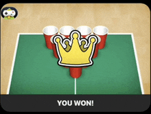 a screen shot of a beer pong game with the words you won on the bottom