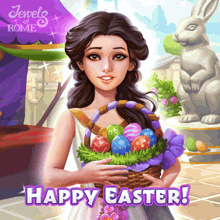 a woman is holding a basket of easter eggs and the words happy easter are above her