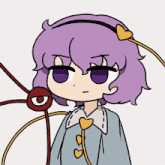 a cartoon drawing of a girl with purple hair and a red eye