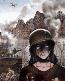 a woman in a military helmet is standing in front of a battle scene