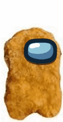 a chicken nugget with a blue among us logo on it 's face .