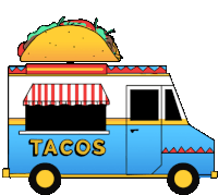 a cartoon drawing of a tacos truck with a taco on top