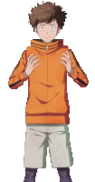 a boy in an orange jacket and shorts is standing with his hands on his chest