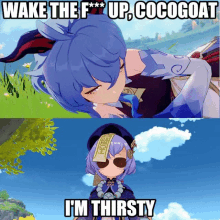 a cartoon of a girl with the words wake the f up cocogoat i 'm thirsty