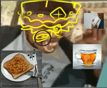 a collage of images including a plate of baked beans a cup of tea and a man holding a cell phone