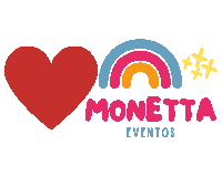 a colorful logo for monetta eventos with a heart and rainbow