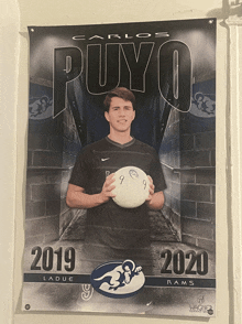 a poster for carlos puyo shows a boy holding a soccer ball