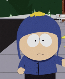 a cartoon character from south park with a blue hat and white eyes