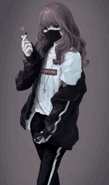 a girl wearing a supreme t-shirt and a black jacket